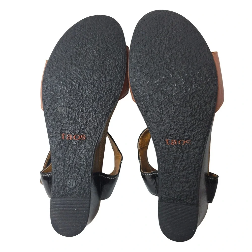 Taos Women's Wedge Sandals Patten Black Tan Leather Ankle‎ Strap Size 41 Comfy